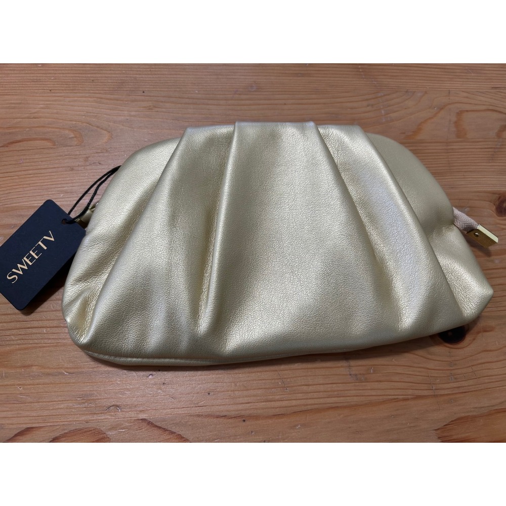 SWEETV Gold Metallic Ruched Faux Leather Clutch Evening Bag NWT Glam Minimal